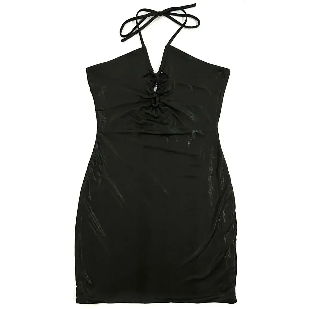 Princess Polly Black Shine Snake Texture Halter Bodycon Mini Dress Size 4